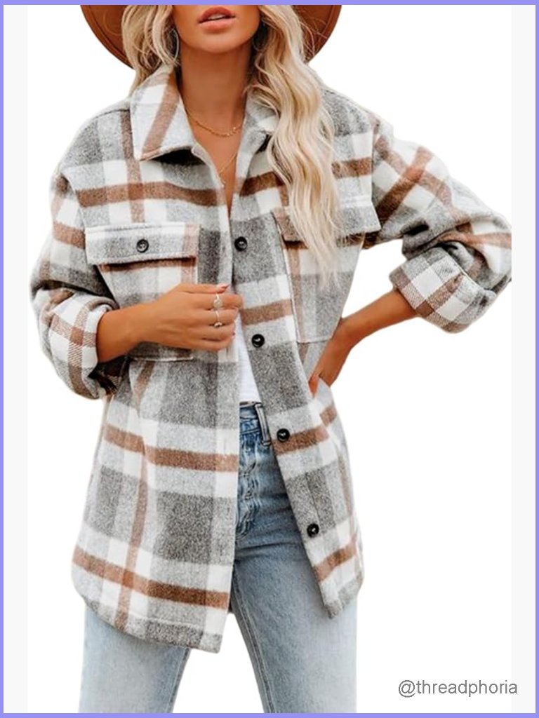 Women's Flannel Plaid Shacket Oversized Button Down Long Sleeve Jacket With